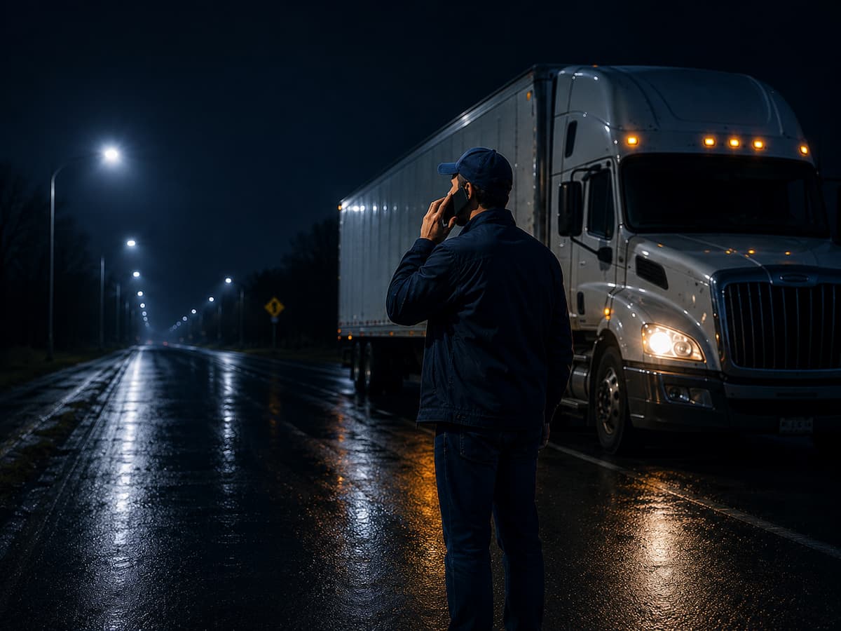 Illustration of a DOT-regulated commercial vehicle crash scene, with a supervisor on the phone and a clock showing elapsed time