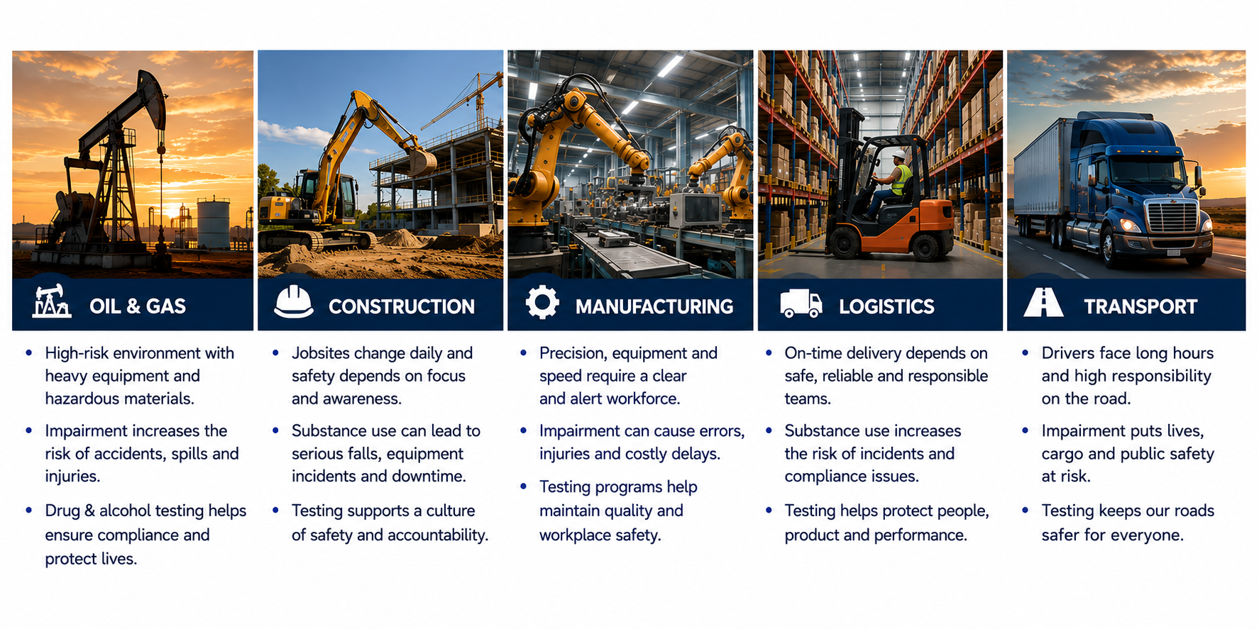 List of Industries served by Rapid Response, including DOT-regulated modes, field and mobile workforces, and industrial and OSHA-driven operations
